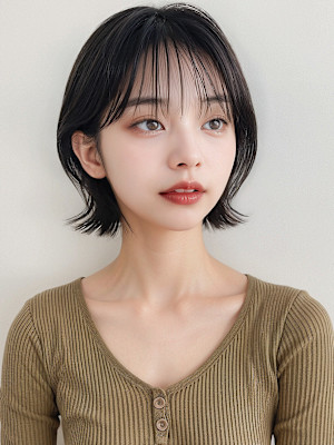 ひし形くびれショートカットレイヤー黒髪ボブp3　大人ショート