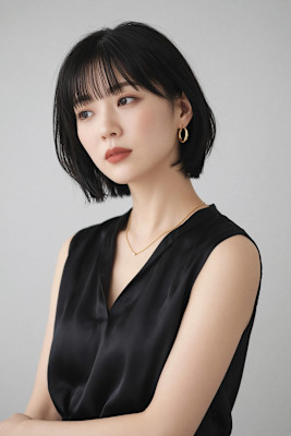 暗髪でも透明感。シースルーバングの大人ボブ 