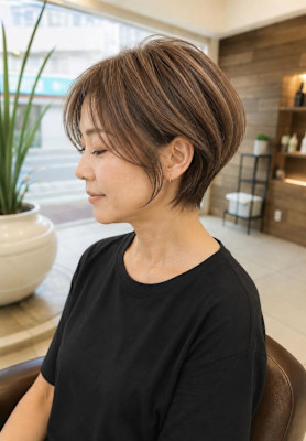 白髪染めを使わない白髪染めぼかしハイライトショート