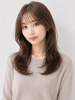 オリーブベージュ レイヤーカット ゆる巻きロング 30代