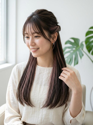 ロングヘアアレンジ/ダークブラウン/ピンクメッシュ/内はね