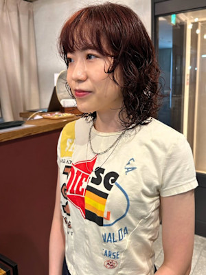 ボブパーマ ニュアンスパーマ オレンジブラウン 前髪カット