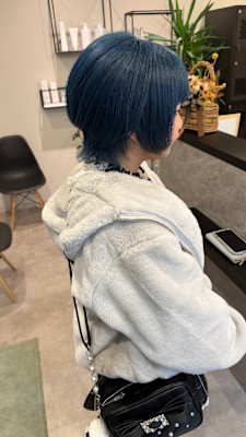 ケアブリーチカラーハイトーンブルーウルフショートボブレイヤー
