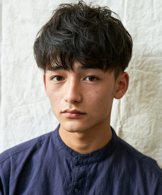 厚め前髪ナチュラルマッシュの黒髪メンズヘア