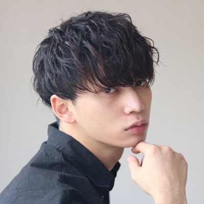 MEN'S HAIR束感波巻きアッシュブラックショートマッシ