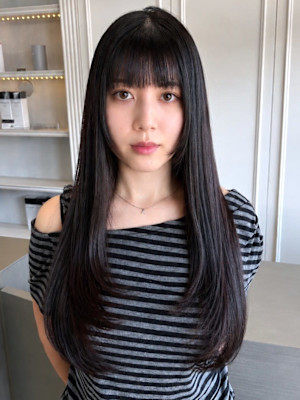 ブルーブラック ロングレイヤー 姫カット ワイドバング 艶髪