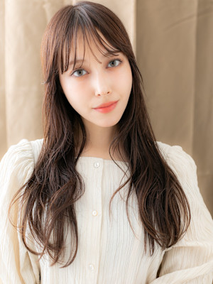 ハニーブラウン毛先パーマ小顔抜け感ゆるふわロング30代40代