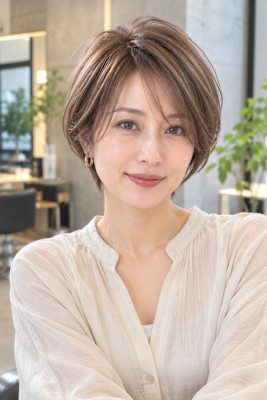 白髪ぼかし×ベージュカラー大人ショートボブ艶髪