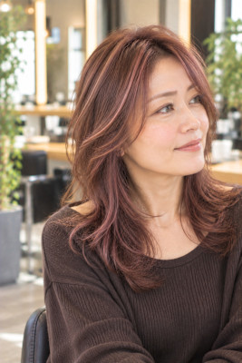 白髪ぼかし×ピンクブラウン艶髪大人レイヤー30代40代