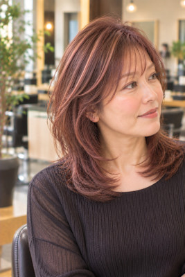 大人女性の柔らかピンク系白髪ぼかし