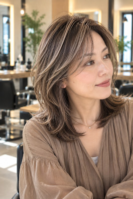 大人女性に似合う透明感ベージュ白髪ぼかし