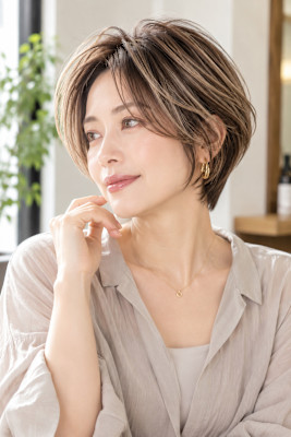 大人女性に似合う上品な透明感の白髪ぼかしショートヘアスタイル