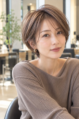 大人女性の丸みショート白髪ぼかしハイライト