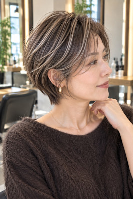 大人女性の上品なショート白髪ぼかし