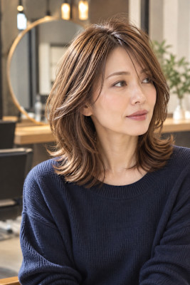 大人女性の艶感ミディアム白髪ぼかしカラー