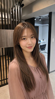シアーバングの艶ロングストレートレイヤーヘアデザイン