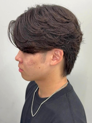 毛流れパーマ フェザーパーマ ラウンドマッシュ 暗髪【博多】