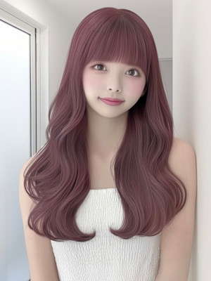 ハイトーンカラー内巻き前髪ありくびれヘアゆるめパーマ内巻き◎