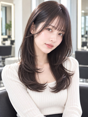 池袋韓国風くびれヘア×暗髪艶カラー｜前髪ありレイヤーカット