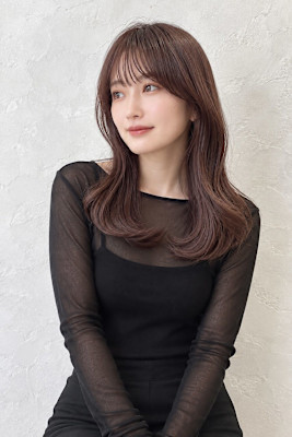 髪質改善ストレート 艶髪 顔周りカット ピンクブラウン