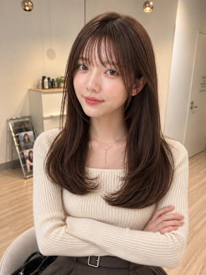 モカブラウン 艶髪ロングレイヤー顔周りカットモカブラウン