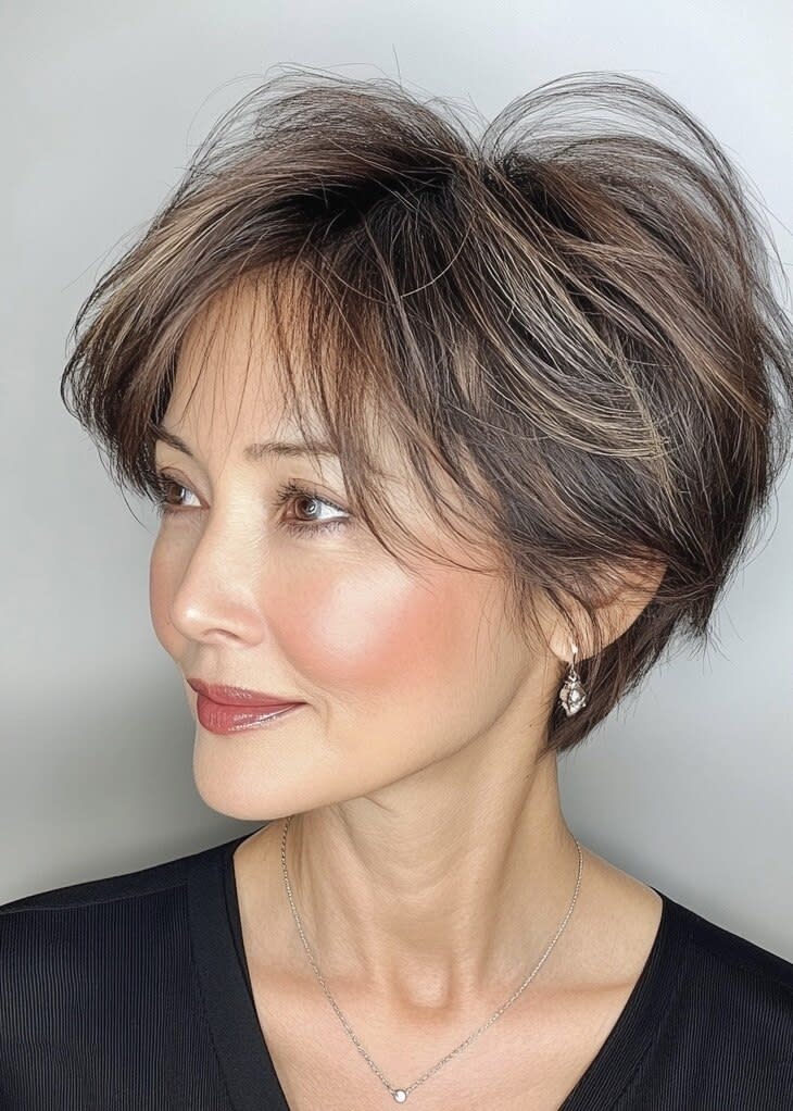 AVANCE. PRODUCED by EGAO大阪梅田店【アヴァンス プロデュース バイ エガオ オオサカウメダテン】のスタイル紹介。くびれショート＋白髪ぼかしハイライト【白髪染め50代髪型】