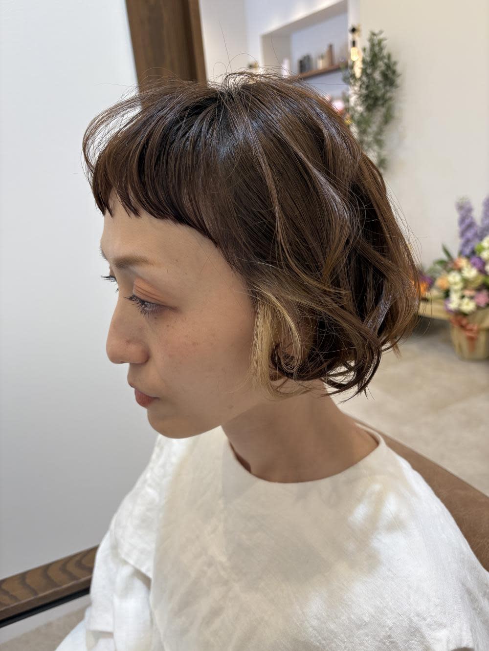 半個室型美容室 Sourire 野芥店【ハンコシツガタビヨウシツ スーリール ノケテン】のスタイル紹介。ショートバングボブ