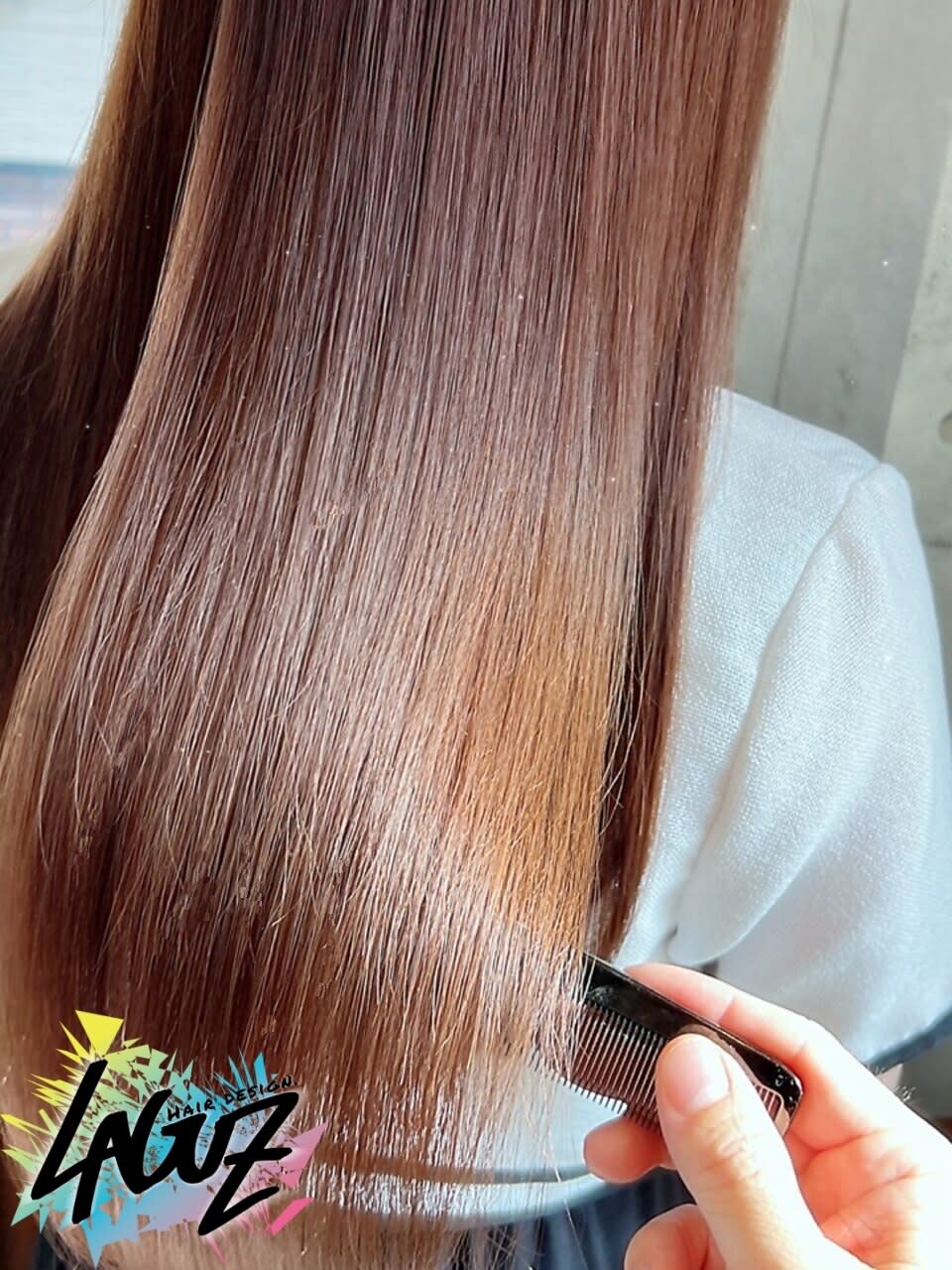 LAGUZ 茅ヶ崎 髪質改善 ヘアアレンジ【ラグズ チガサキ カミシツカイゼン ヘアアレンジ】のスタイル紹介。ガーネットブラウン×うる艶質感 髪質改善♪リンゴ幹細胞